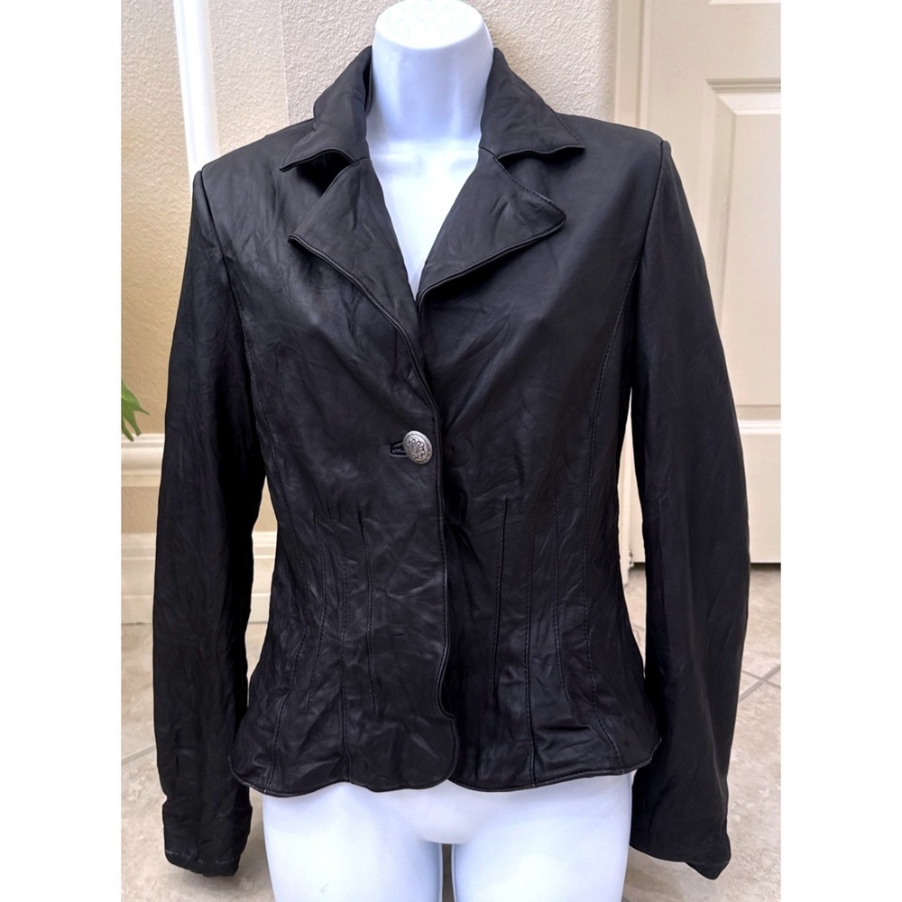 Uniform John Paul Richard Womens Black Lamb Leather Pintuck Blazer Jacket Small